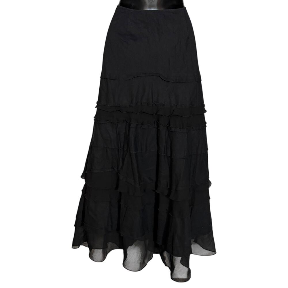 White House Black Market Tiered Maxi Skirt 4 M Black Linen Whimsygoth Goth Boho
